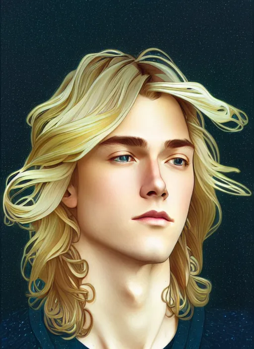 Prompt: pretty young man with shoulder length shiny sparkly golden blond hair, path traced, highly detailed, high quality, digital painting, by studio ghibli and alphonse mucha, leesha hannigan, disney