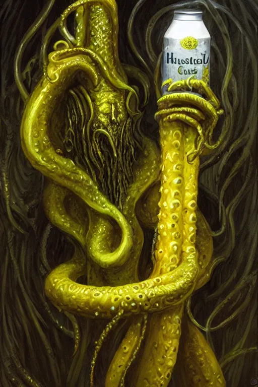 Prompt: Hastur drinking a can of Natural Light Beer, character art, concept art, painting by Gerald Brom, the king in yellow, eldrich tentacle monster