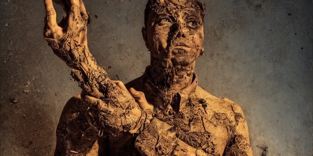 Image similar to highly detailed photography of a men made of rust clay, burned, rocks, hand gesture, dust particles, dirt, dramatic scene, aesthetic dynamic lighting, masterpiece, by roberto ferri, blue background, high quality, spatula