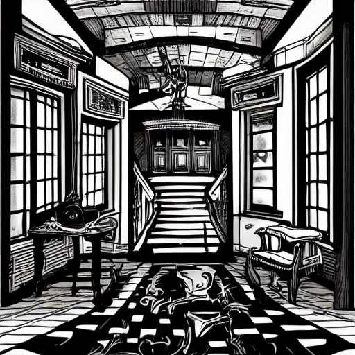 Prompt: dark shop interior illustration in style of mansion of madness by John Pacer