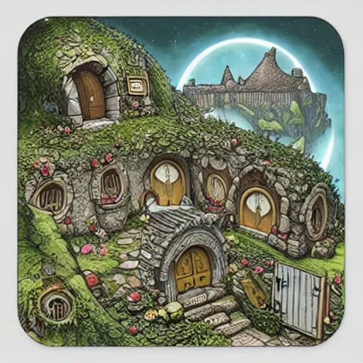 Image similar to square sticker of a hobbit palace, by joe fenton, white background, masterpiece