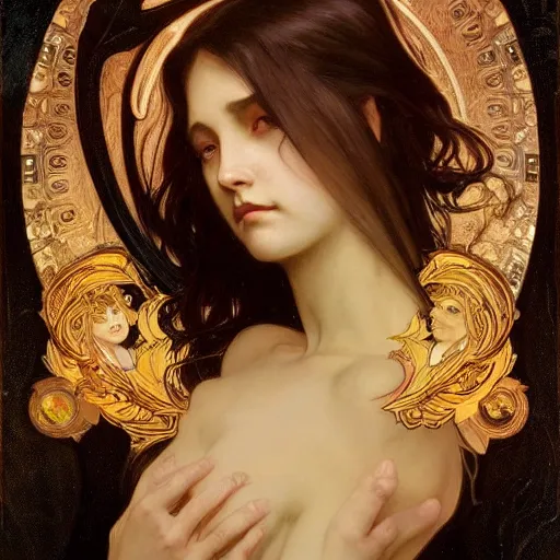 Prompt: A portrait of A beautiful!!!! angel in black flames by Ross Tran!! and alphonse mucha and greg rutkowski! and gustav doré!! and ruan jia!,In style of digital art illustration.Symmetry.Highly detailed face.Fantasy,smooth,hyper detailed,sharp focus,Soft light.trending on artstation.4k
