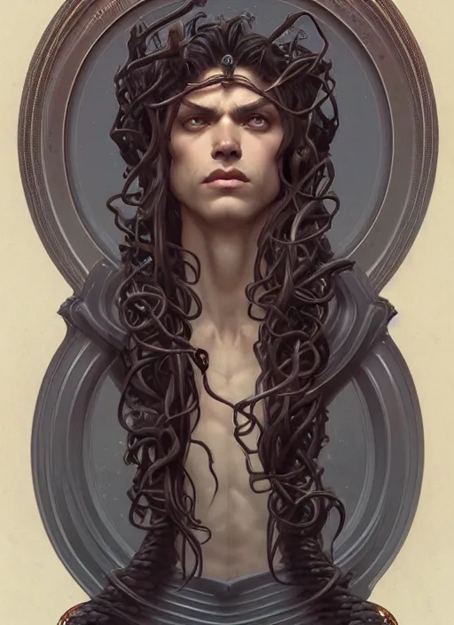 Image similar to symmetry!! portrait of a male version of medusa, gothic, dark, intricate, elegant, highly detailed, digital painting, artstation, concept art, smooth, sharp focus, illustration, art by artgerm and greg rutkowski and alphonse mucha