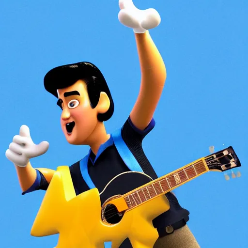 Image similar to elvis presley with pretzel legs, pixar character, 3 d, stage background