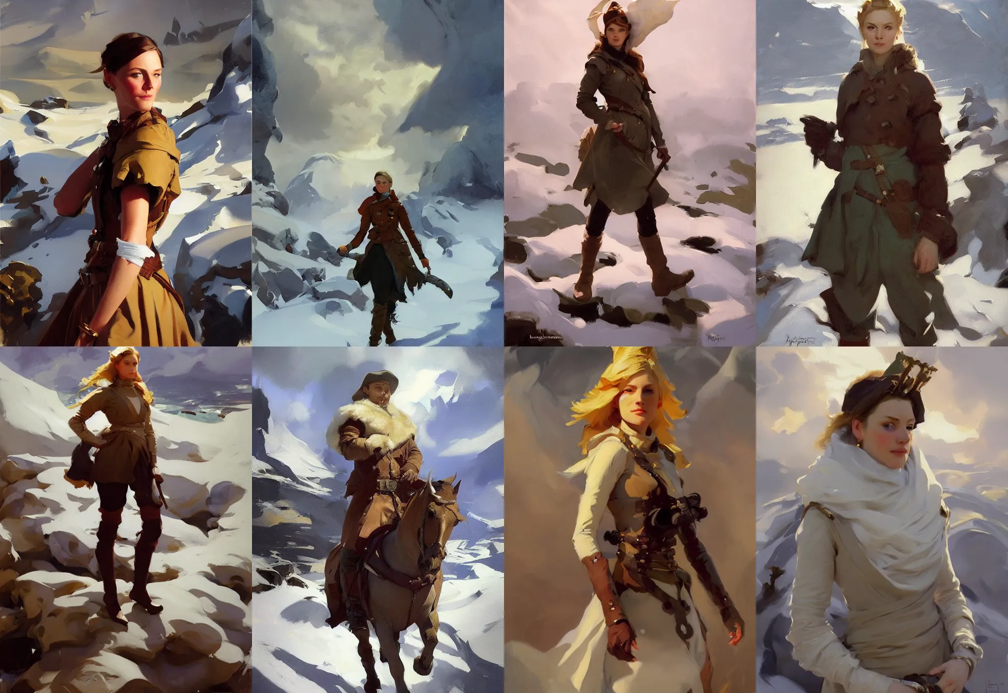 Image similar to portrait of ireland norway model girl jodhpurs hyperborea winter traveler treasure hunter greg manchess painting by sargent and leyendecker, fantasy, medium shot, asymmetrical, intricate, elegant, matte painting, illustration, hearthstone, by rhads, by greg rutkowski, by greg tocchini, by james gilleard, by joe fenton