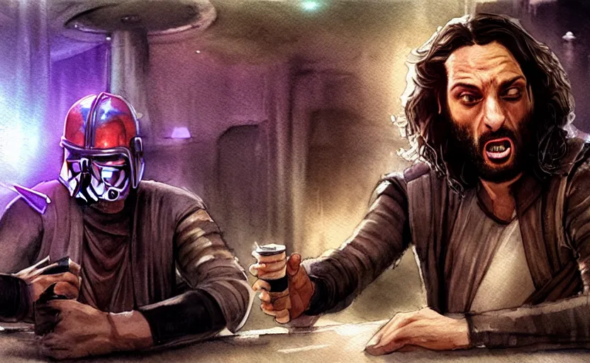 Image similar to an accurate realistic star wars watercolor fantasy concept art of a drug dealer that looks like chris d'elia yelling angrily in a sleazy futuristic bar of coruscant, hq, 4 k