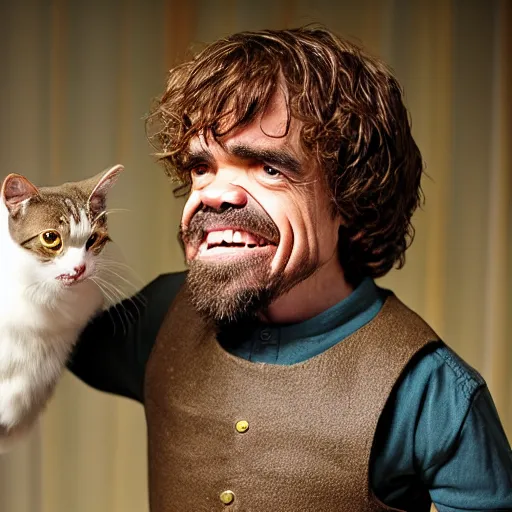 Image similar to peter dinklage laughing hysterically at a cat,