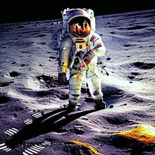 Image similar to old photo of a muppet on the moon, ( ( usa flag ) ), next to moon lander