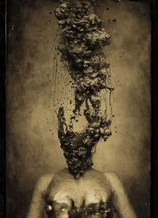 Image similar to old wetplate daguerreotype portrait of the birth of a super villain, explosion of data fragments, fractal, intricate, elegant, highly detailed, parallax, leica, medium format, subsurface scattering, by jheronimus bosch and greg rutkowski and louis jacques mande daguerre