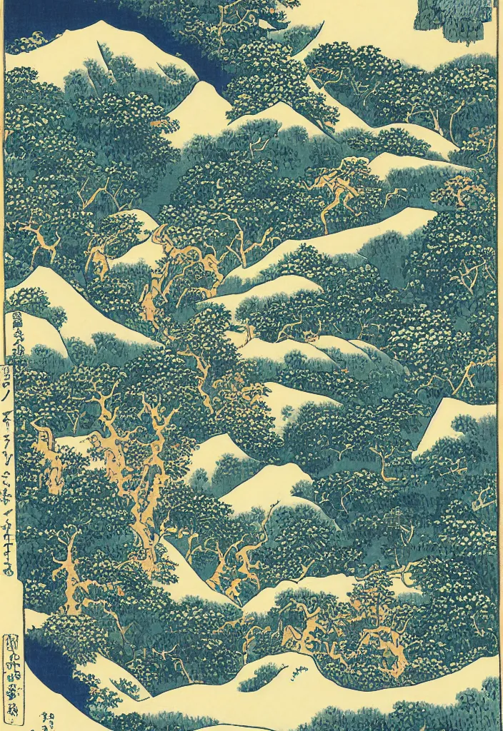 Prompt: Swiss alps valley in the summer, woodblock art by Hokusai