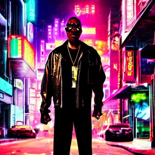 Image similar to cyberpunk eddie murphy, standing on a cyberpunk street at night, streets are lit with neon lights, portrait, cinematic