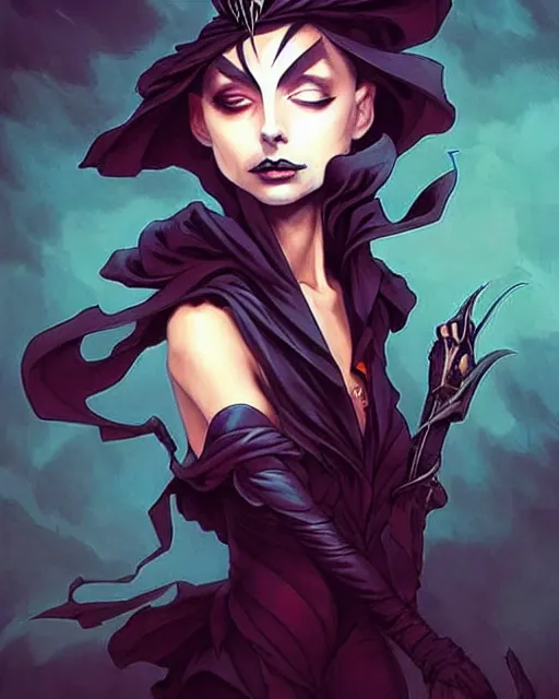 Image similar to style of jesper ejsing : : gorgeous willa holland : : evil witch, swirling black magic, black dress : : symmetrical face, symmetrical eyes : : full body pose : : gorgeous black hair : : magic lighting, low spacial lighting : :