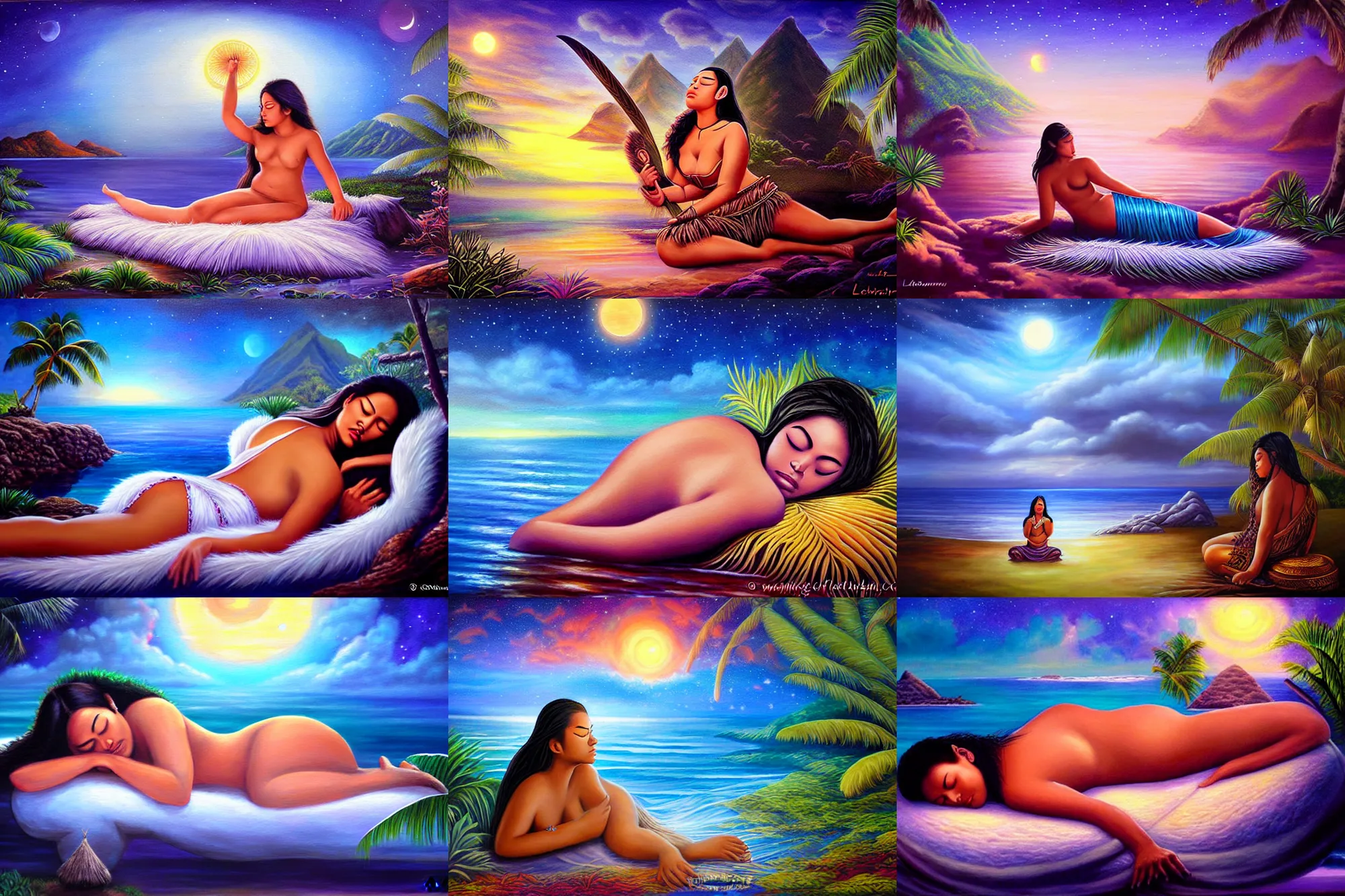 Prompt: polynesian sleeping goddess, photorealistic dreamy lemurian night marvels, professional fantasy art painting