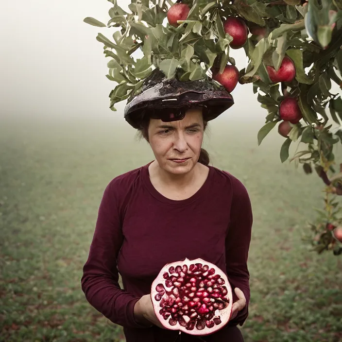 Image similar to a closeup portrait of a woman wearing a helmet made of reflective mylar, picking pomegranates from a tree in an orchard, foggy, moody, photograph, by vincent desiderio, canon eos c 3 0 0, ƒ 1. 8, 3 5 mm, 8 k, medium - format print