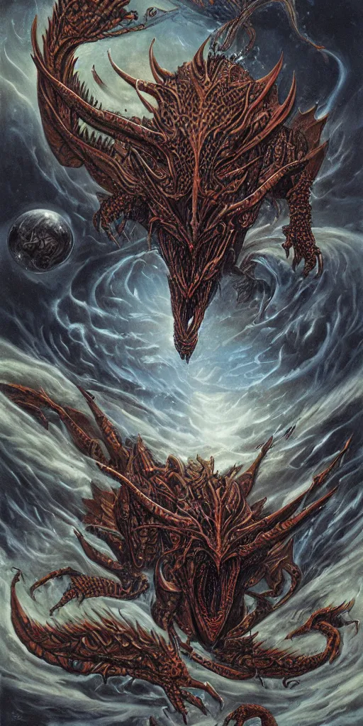 Prompt: an alien dragon demigod descending from outer space to consume the earth, by dan seagrave art