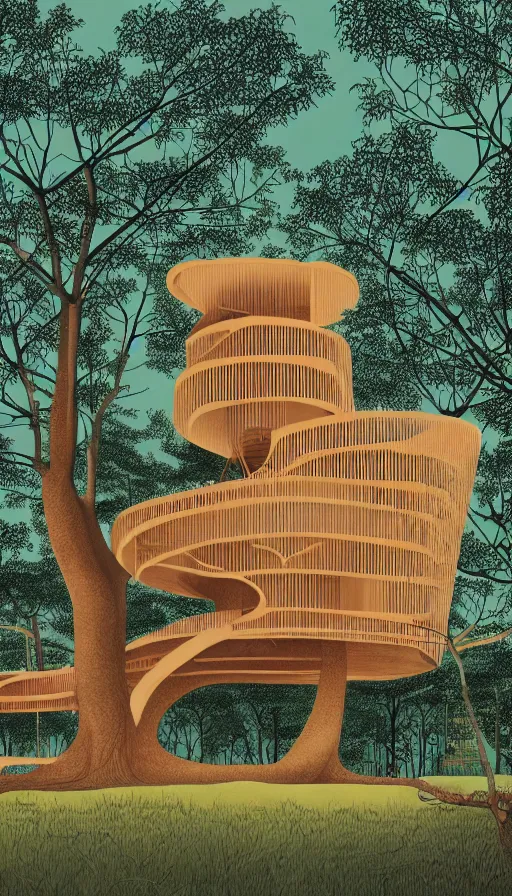 Image similar to a beautiful very detailed illustration of treehouse unfinished building by oscar niemeyer, sunset alien, archdaily, wallpaper, highly detailed, trending on artstation.