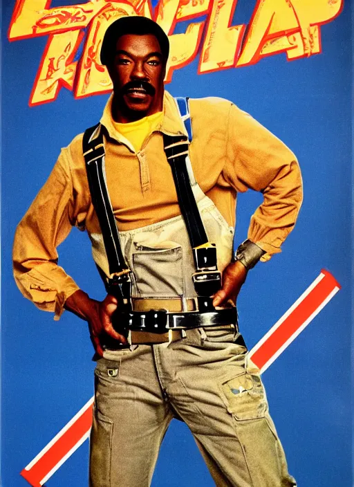 Image similar to an 8 0's john alvin action movie poster starring eddie murphy face as a plumber to rich people. bathroom. overalls. tool belt. the movie is called beverly hills crap