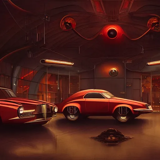 Image similar to retro futuristic shiny vintage cars in showroom, atmospheric lighting, painted, intricate, volumetric lighting, beautiful, daytime, sunny weather, slight overcast, sharp focus, deep colours, ultra detailed, by leesha hannigan, ross tran, thierry doizon, kai carpenter, ignacio fernandez rios