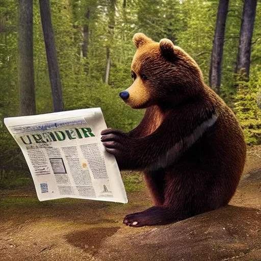 Prompt: UHD canndid photo of Yogi Bear squatting on a toilet in the woods, reading a newspaper, by Annie leibowitz, photorealisitc ,detailed