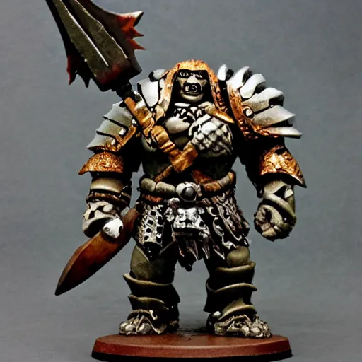 Image similar to ogre warrior wearing plated armor who is holding a battle axe in the style of warhammer fantasy : : head and torso drawing