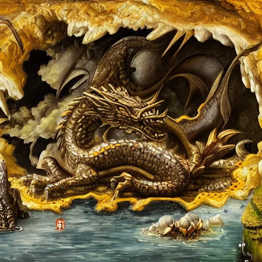 Prompt: highly detailed oil painting of a hotspring in a quartz cave with a black dragon sitting in the middle of it