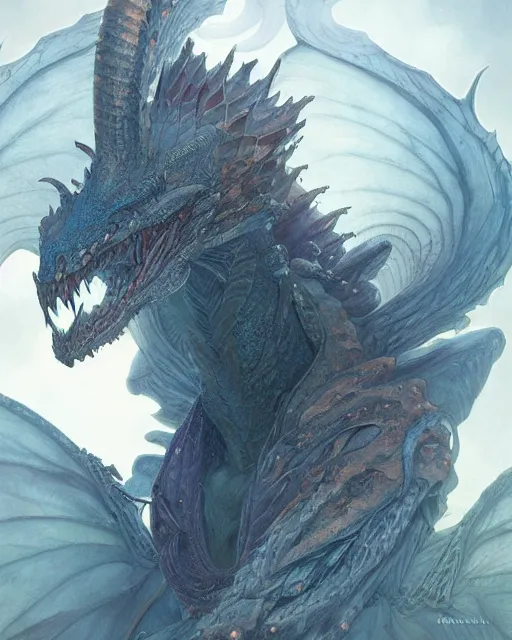 Image similar to Portrait of a ghostly dragon person, HD, illustration, epic, D&D, fantasy, intricate, elegant, highly detailed, digital painting, artstation, concept art, smooth, sharp focus, illustration, art by artgerm and greg rutkowski and alphonse mucha, monster hunter illustrations art book