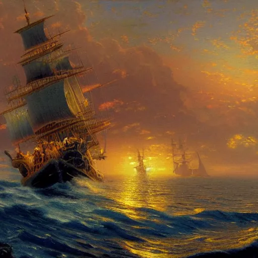 Prompt: a pirate ship at sea, midnight, by thomas kinkade, intricate detail,