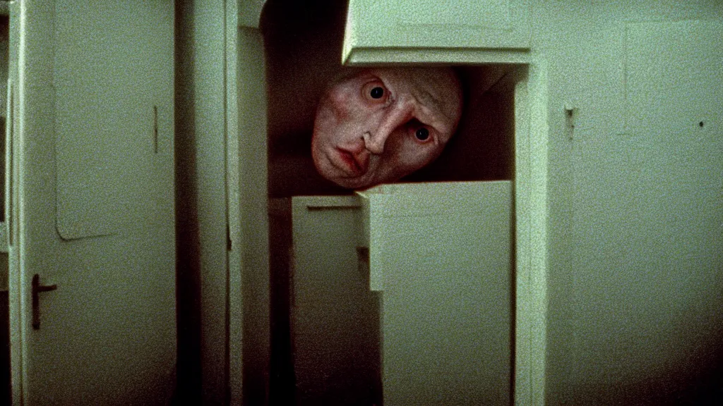 Prompt: the giant head waits in our freezer, film still from the movie directed by Wes Anderson with art direction by Zdzisław Beksiński, wide lens