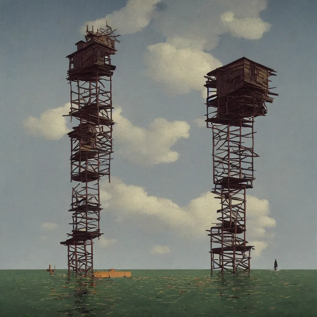 Image similar to single flooded simple wooden tower, very coherent and colorful high contrast!! masterpiece by rene magritte simon stalenhag carl spitzweg syd mead norman rockwell edward hopper james gilleard, minimalist, dark shadows, sunny day, hard lighting