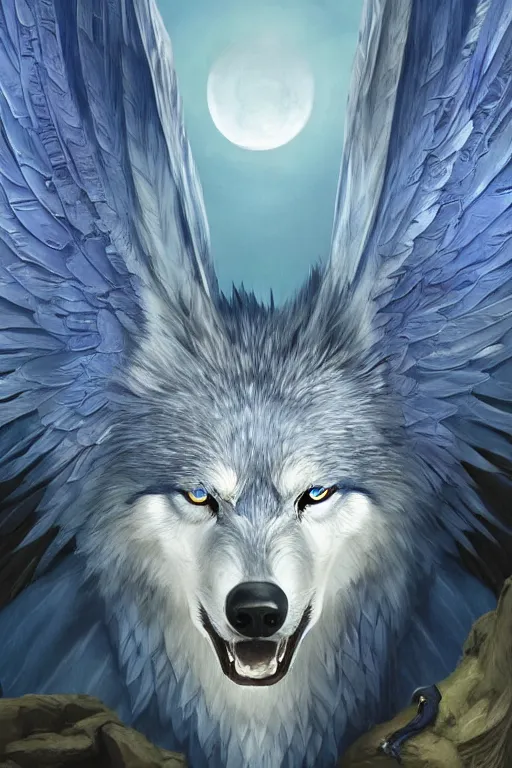 Image similar to blue feathered wolf with wings on a beautiful fantasy landscape, hills, mountains, moonlit, hd, illustration, epic, d & d, fantasy, intricate, elegant, highly detailed, digital painting, artstation, concept art, smooth, sharp focus, illustration, wallpaper, art by artgerm and greg rutkowski and alphonse mucha and jin xiaodi