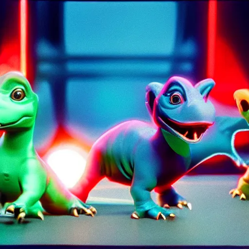 Image similar to baby dinosaurs in tron movie, cinestill