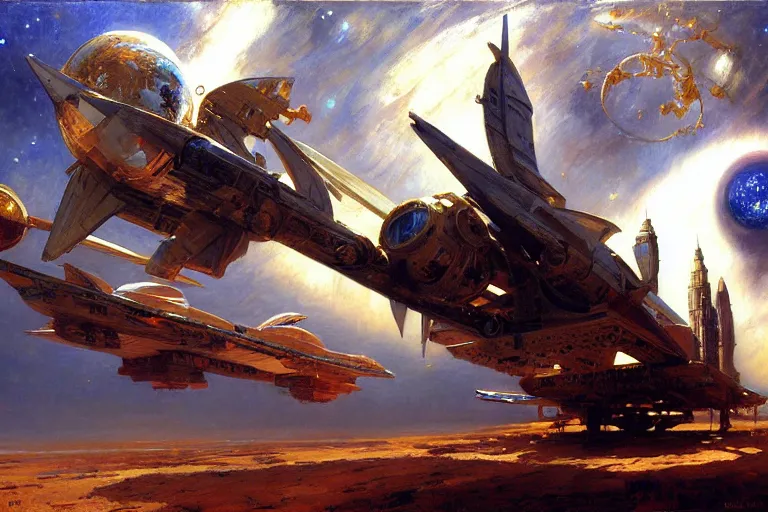 Prompt: spaceship, painting by gaston bussiere, craig mullins, j. c. leyendecker, tom of finland