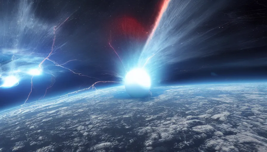 Image similar to seismic shockwave in atmosphere from space, photorealistic rendering, 4 k, dynamic lighting, directional light