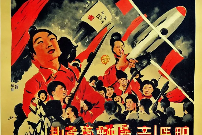 Image similar to vintage poster chinese cultural revolution propaganda, realistic, grain, rockets, astronauts