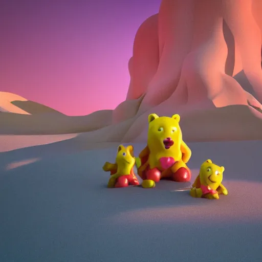 Image similar to promotional movie still the biggest frying pan in the world is in a desert. in the pan are life - size gummi bears that are melting. it's very sunny and very hot. the gummi bears are sweating. 3 d, digital art, octane 3 d render, ue 5, cinematic, imax 7 0 mm, product lighting, dramatic lighting. concept art.