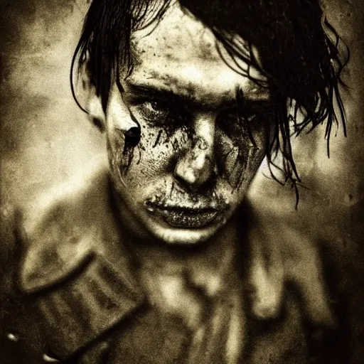 Prompt: A wet-collodion styled portrait of a disheveled solider coming back from battle looking defeated, staring straight into the camera. Depth of field, smoke, high contrast, extremely detailed.