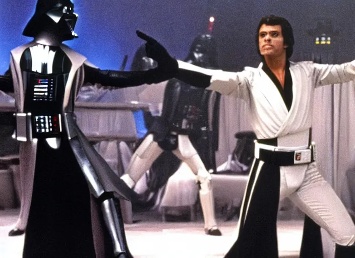 Image similar to film still of Darth Vader dancing as Tony Manero in Staying Alive 1983,