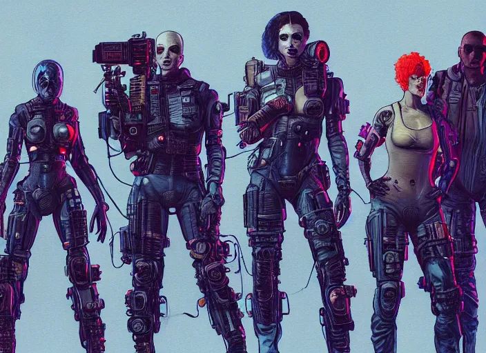 Image similar to cyberpunk blackops hazmat squad. portrait by stonehouse and mœbius and will eisner and gil elvgren and pixar. character design. realistic proportions. cyberpunk 2 0 7 7 character art, blade runner 2 0 4 9 concept art. cel shading. attractive face. thick lines. the team. diverse characters. artstationhq.