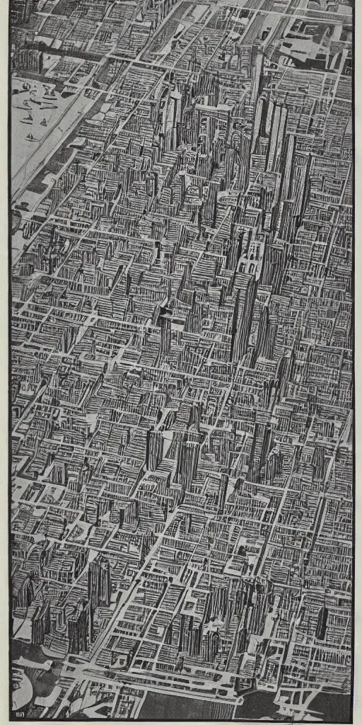 Image similar to high detail woodcut of toronto in the 1 9 7 0 s, aerial photography.