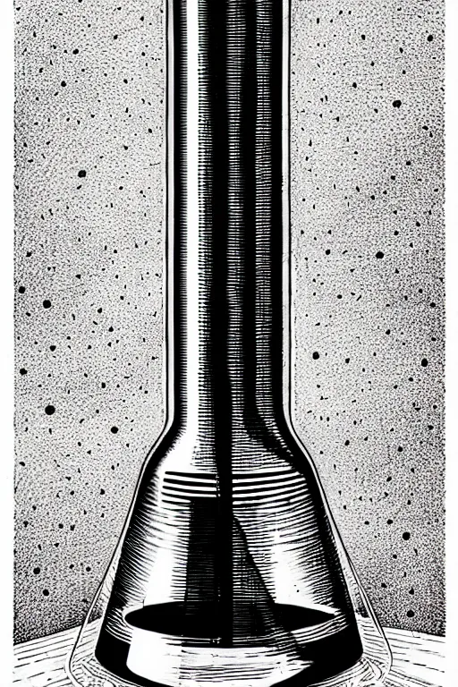 Image similar to an erlenmeyer flask with a caterpillar inside, bold line art, by vincent di fate inking, etching, screen print, masterpiece, sharp, high contrast, hyper - detailed, hd, 4 k, 8 k