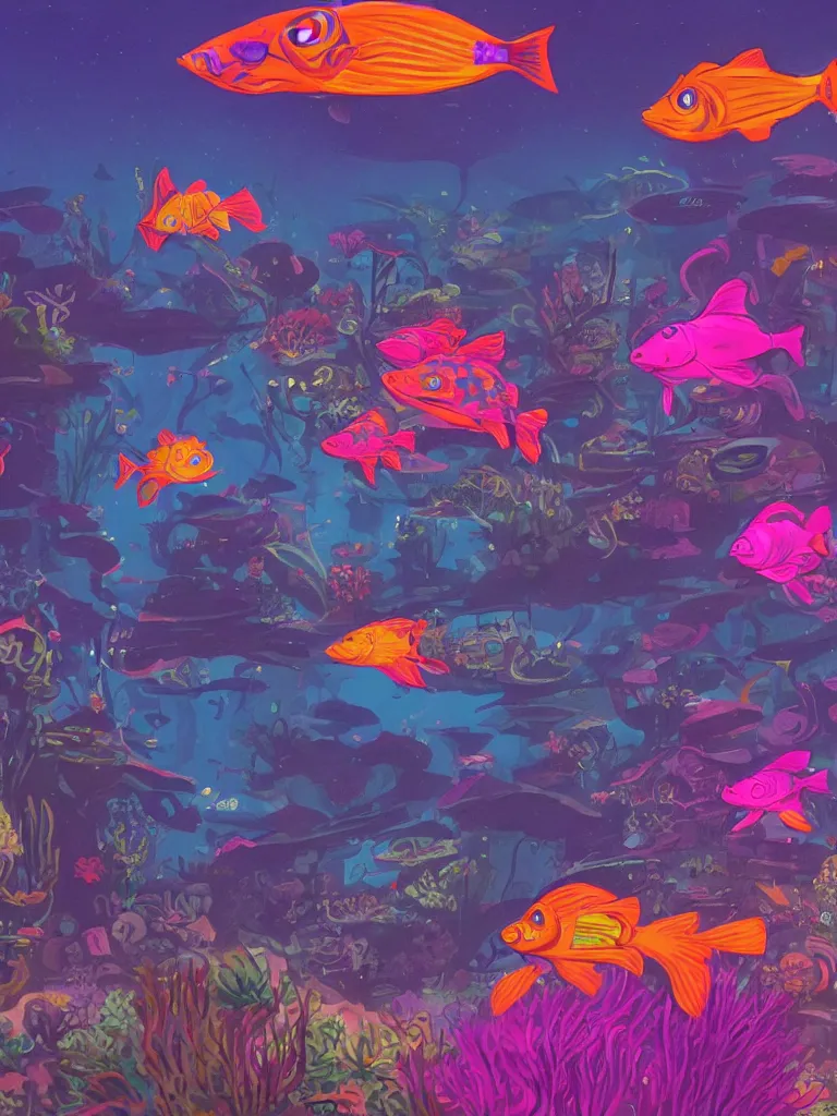 Image similar to neon fish under water at night as seen from overhead by disney concept artists, blunt borders, rule of thirds