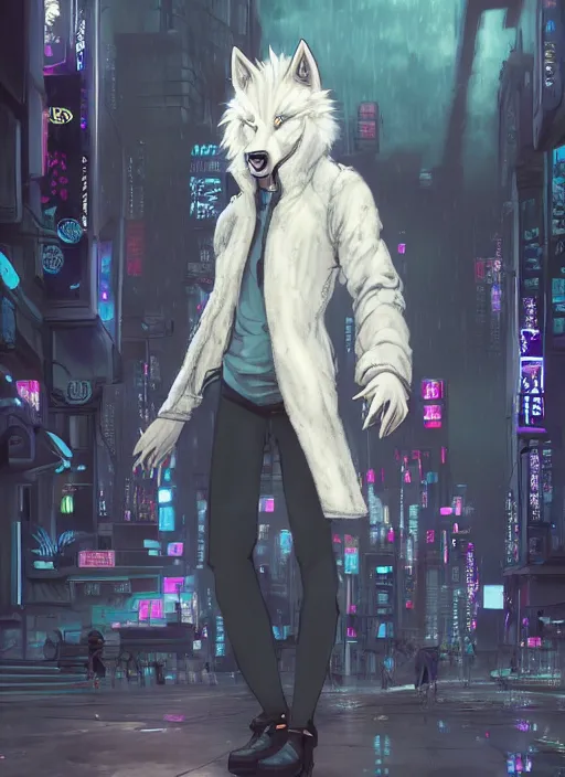 Image similar to character portrait of a male anthro albino wolf fursona with a tail and a cute beautiful attractive detailed furry face wearing stylish cyberpunk clothes in a cyberpunk city at night while it rains. hidari, color page, tankoban, 4K, tone mapping, Akihiko Yoshida. Nomax, Kenket, Rukis. comic book style, photorealistic, professional lighting, hyperdetailed, high resolution, high quality, dramatic, deviantart, artstation, 4k, real photo