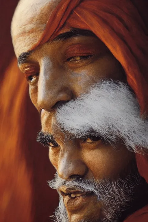 Image similar to hindu monk, close - up portrait, devoted, intricate, elegant, volumetric lighting, scenery, digital painting, highly detailed, artstation, sharp focus, illustration, concept art, ruan jia, steve mccurry