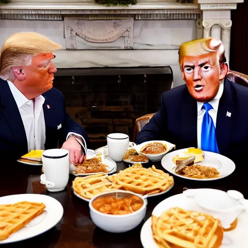 Image similar to photograph of trump and Biden sitting and eating breakfast at a Wafflehouse