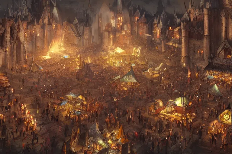 Prompt: a crowded medieval fair in a city square at night, fantasy buildings, lanterns and fires, concept art, hyper detailed, artstation