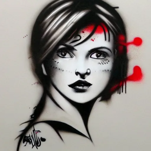 Image similar to beautiful female graffity, close up face, by Banksy, trending on Artstation