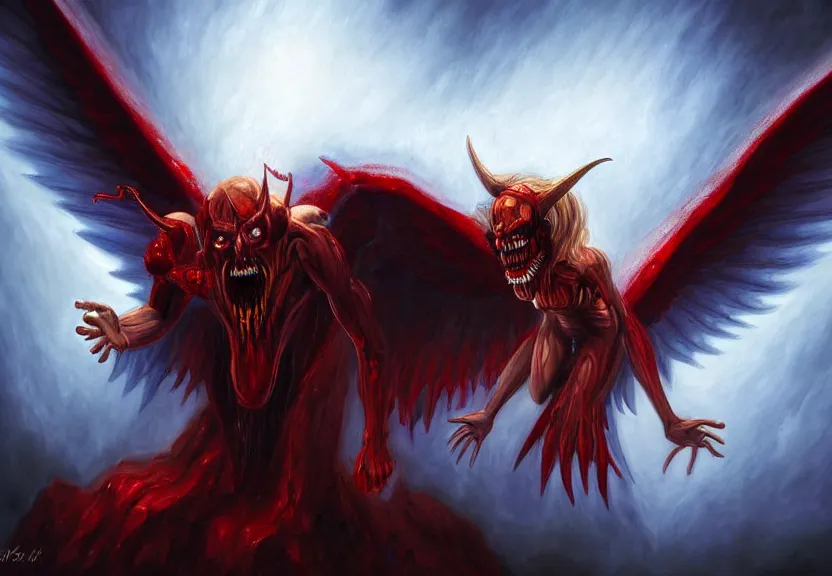 Image similar to demon afraid of an angel painting, good vs evil, highly detailed, digital painting, smooth, beautiful angle, weak demon, sharp focus, illstration, ultra realistic, dmon vs angle, heaven vs hell, 8 k, screaming demon, confident angle