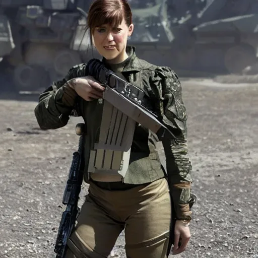 Image similar to mary elizabeth winstead as a futuristic soldier in a future battleground