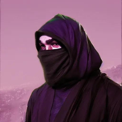 Image similar to ultra realistic illustration, man in a black hood, in a striped purple balaclava, mysterious, highly detailed, digital painting, artstation, concept art, smooth, sharp focus, illustration, art by artgerm and greg rutkowski and alphonse mucha