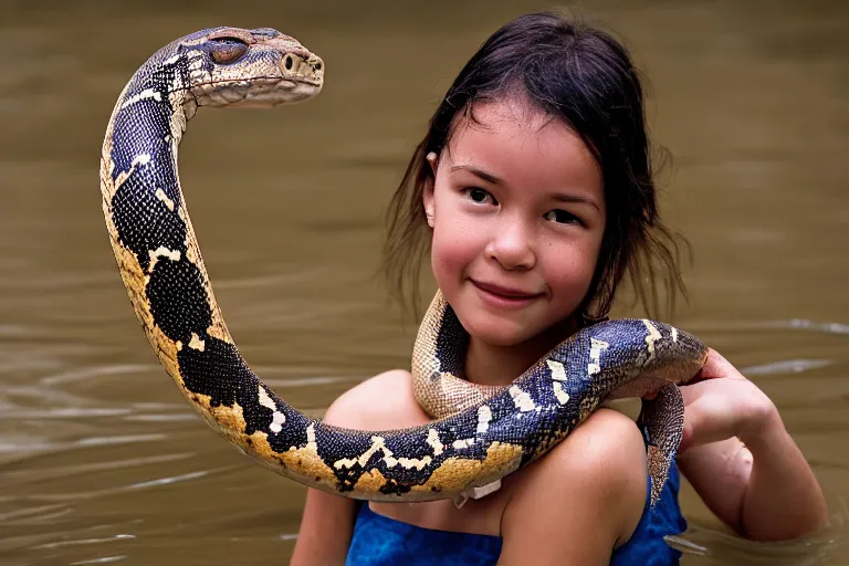 Image similar to closeup portrait of a girl carrying a python over her head in a flood in Pitt Street in Sydney in Australia, photograph, natural light, sharp, detailed face, magazine, press, photo, Steve McCurry, David Lazar, Canon, Nikon, focus